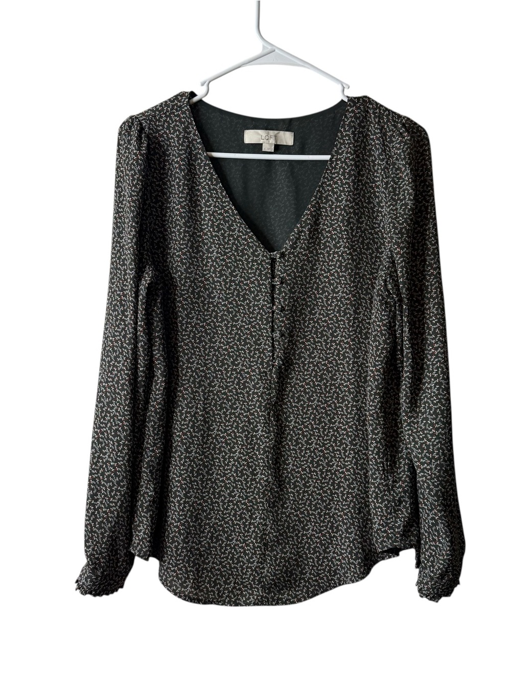 Loft Gray Micro Floral Button Popover Long Sleeve Blouse